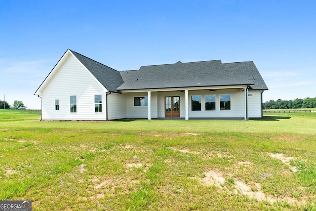 264 Community House Rd, Barnesville, GA 30204 - back of house with french doors, a yard, a ceiling fan, and a shingled roof