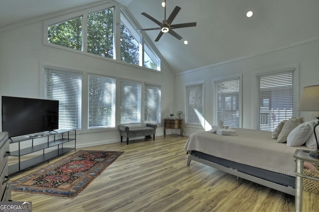 bedroom with multiple windows, high vaulted ceiling, wood finished floors, and baseboards