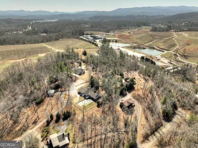 aerial view with a water and mountain view and a rural view