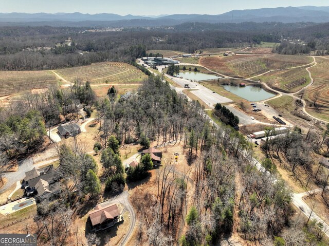 aerial view featuring a water and mountain view and a rural view