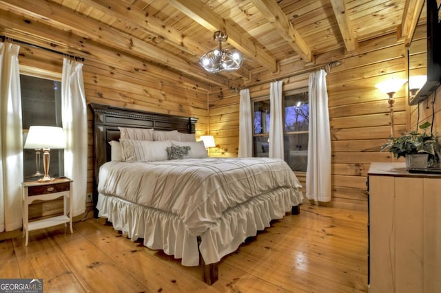 bedroom with wood ceiling, beamed ceiling, light wood-style flooring, and wooden walls