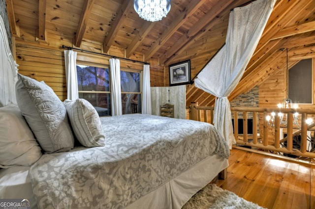 bedroom with lofted ceiling with beams, wooden ceiling, hardwood / wood-style flooring, wooden walls, and a notable chandelier