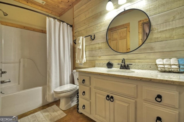 full bathroom featuring shower / bath combo, wooden walls, toilet, vanity, and wood ceiling