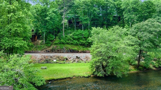 exterior space featuring a water view and a forest view