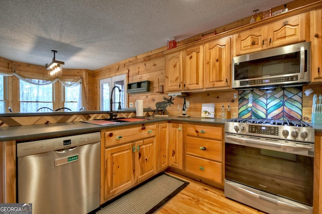 1301 Newport Dr, Ellijay, GA 30540 - kitchen with appliances with stainless steel finishes, dark countertops, a textured ceiling, a sink, and a peninsula