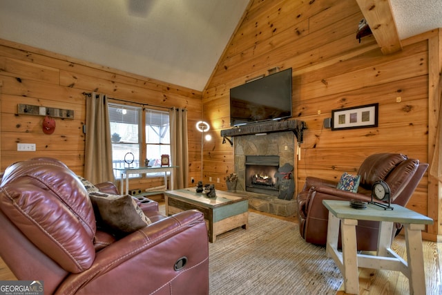 1301 Newport Dr, Ellijay, GA 30540 - living area featuring wooden walls, a fireplace, vaulted ceiling, and wood finished floors