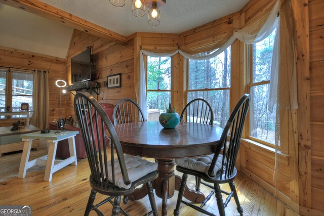 1301 Newport Dr, Ellijay, GA 30540 - dining space featuring light wood-type flooring, healthy amount of natural light, wood walls, and a textured ceiling