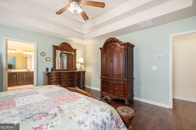 307 Montgomery Way, Woodstock, GA 30188 - bedroom featuring wood finished floors, baseboards, connected bathroom, and a ceiling fan