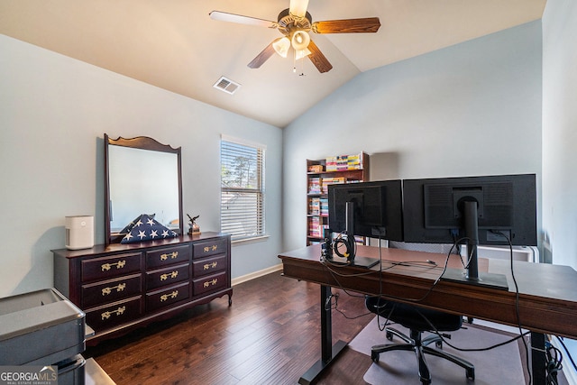 307 Montgomery Way, Woodstock, GA 30188 - office area featuring lofted ceiling, dark wood-style flooring, ceiling fan, and baseboards