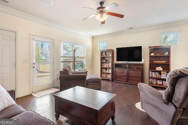 307 Montgomery Way, Woodstock, GA 30188 - living area with crown molding, ceiling fan, dark wood-style floors, and baseboards