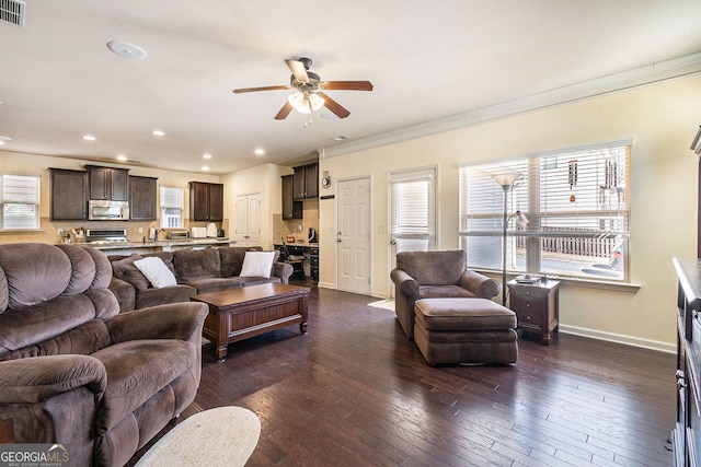 307 Montgomery Way, Woodstock, GA 30188 - living room featuring ceiling fan, baseboards, ornamental molding, dark wood finished floors, and recessed lighting