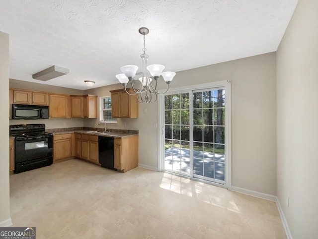 1005 Magnolia Gardens Walk, Mcdonough, GA 30253 - kitchen with a sink, baseboards, black appliances, and a chandelier