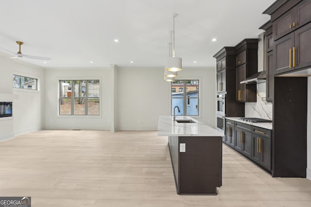 kitchen with a sink, tasteful backsplash, open floor plan, light wood-style floors, and ceiling fan