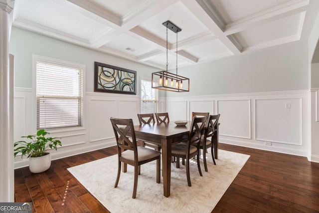 dining space with visible vents, a decorative wall, dark wood finished floors, beamed ceiling, and coffered ceiling