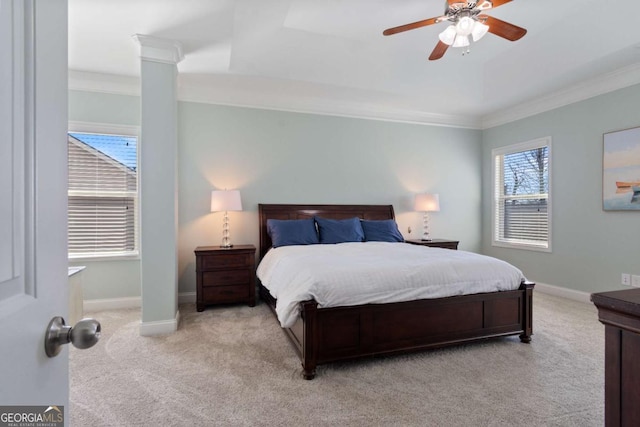 bedroom featuring baseboards, light colored carpet, ornamental molding, and ceiling fan