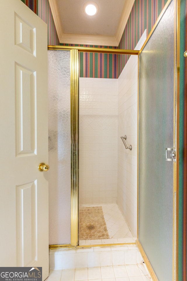 115 Flagstop Run, Fayetteville, GA 30215 - bathroom with a shower stall, wallpapered walls, and crown molding
