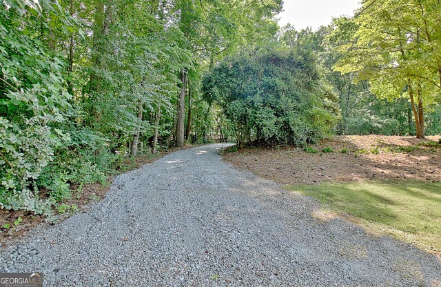 view of street featuring a forest view