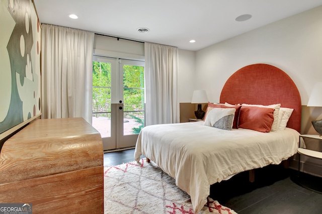 bedroom with visible vents, access to outside, wood finished floors, recessed lighting, and french doors