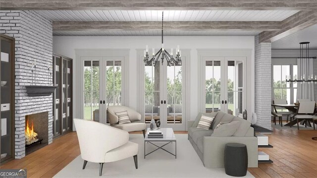 100 Peninsula Dr, Monticello, GA 31064 - sunroom / solarium featuring french doors, an inviting chandelier, and beam ceiling