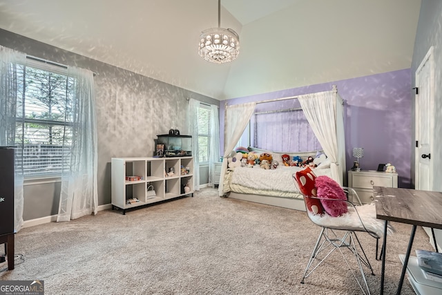 carpeted bedroom featuring high vaulted ceiling, baseboards, and a notable chandelier