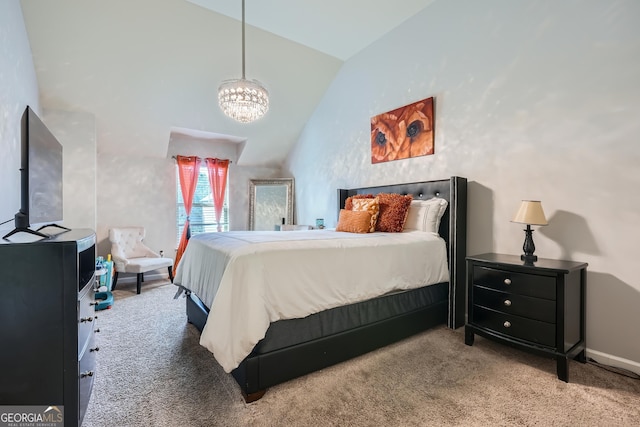 carpeted bedroom featuring vaulted ceiling and a notable chandelier