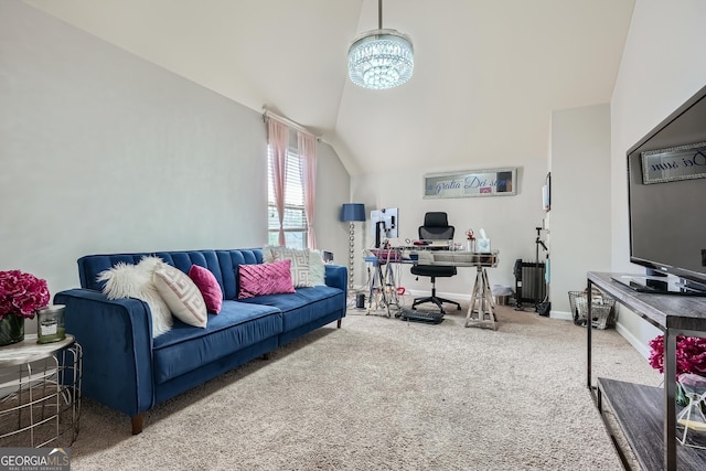 living room with carpet, lofted ceiling, and baseboards