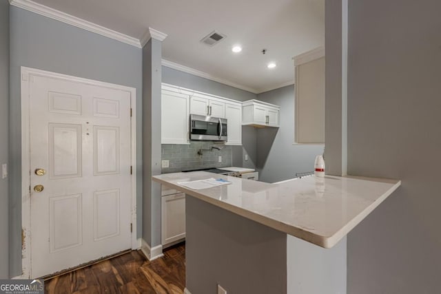2921 Lenox Rd NE Unit 113, Atlanta, GA 30324 - kitchen featuring stainless steel microwave, ornamental molding, a peninsula, tasteful backsplash, and dark wood-style flooring