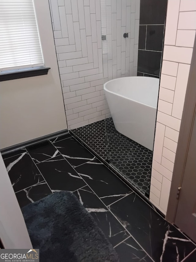 2565 Cloud, Decatur, GA 30034 - full bathroom with marble finish flooring, a soaking tub, and tiled shower