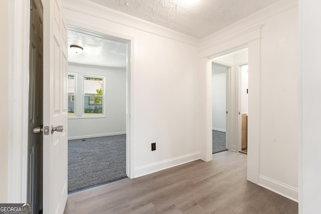interior space featuring baseboards, wood finished floors, ornamental molding, and a textured ceiling
