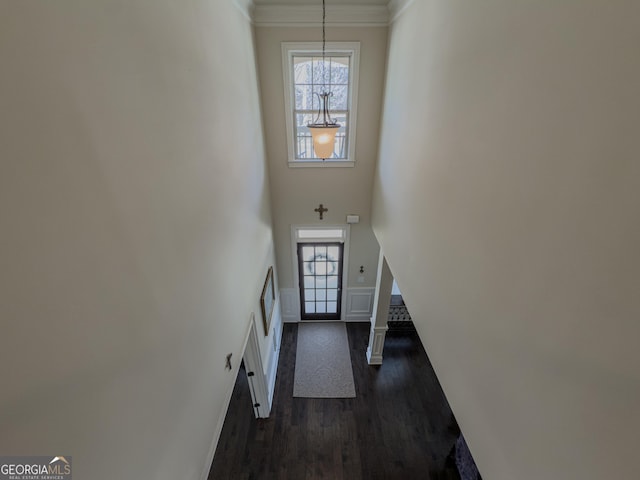 foyer entrance with a high ceiling, dark wood finished floors, ornamental molding, and baseboards