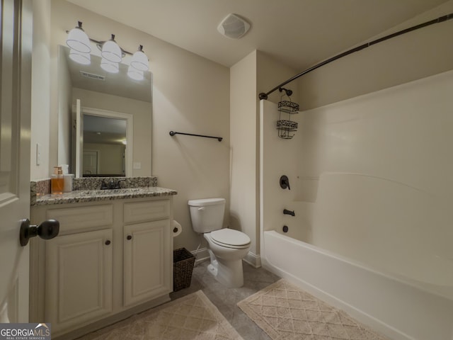 full bath featuring shower / tub combination, vanity, toilet, tile patterned floors, and visible vents