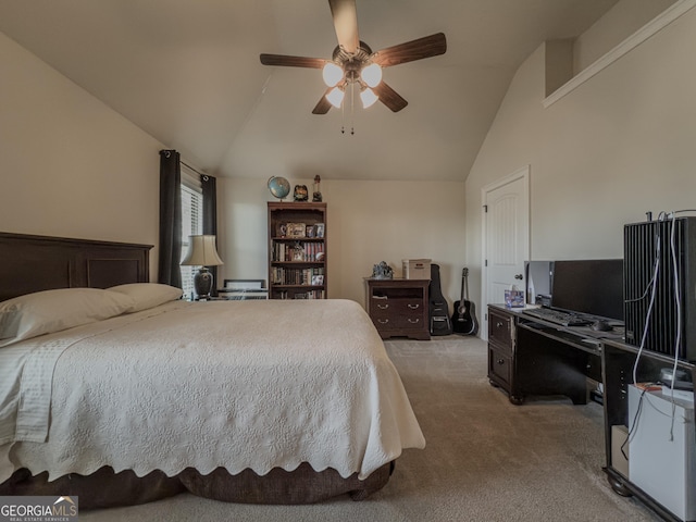 bedroom featuring ceiling fan, light colored carpet, and lofted ceiling