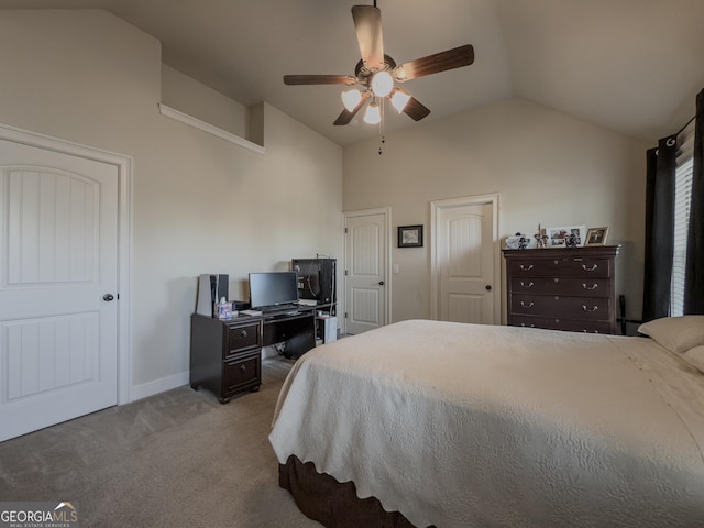 bedroom featuring baseboards, ceiling fan, carpet, and vaulted ceiling
