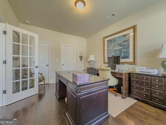 office area featuring dark wood finished floors and visible vents