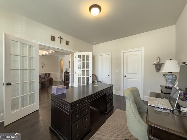 office featuring french doors and dark wood-type flooring