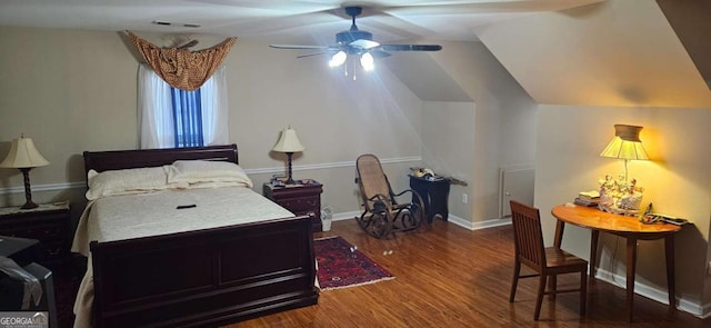 3715 Millers Pond Way, Snellville, GA 30039 - bedroom featuring a ceiling fan, wood finished floors, lofted ceiling, baseboards, and visible vents