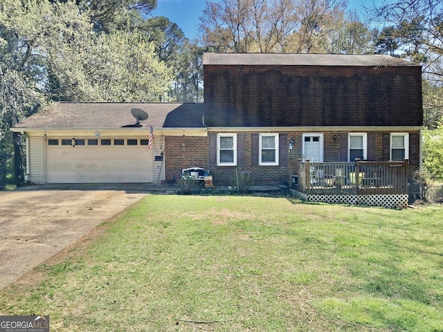 6917 Laurelwood Dr, Douglasville, GA 30135 - view of front of property featuring an attached garage, brick siding, a front yard, concrete driveway, and a wooden deck