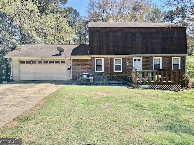 6917 Laurelwood Dr, Douglasville, GA 30135 - view of front of property featuring a garage, a deck, a front lawn, driveway, and brick siding