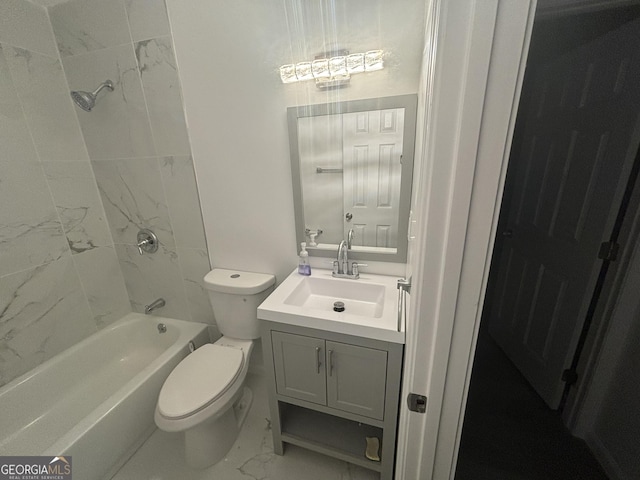 3685 Rice Mill Rd, Macon, GA 31206 - bathroom with marble look tiles, toilet, vanity, and bathtub / shower combination
