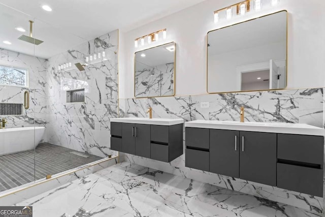 387 S Howard St SE, Atlanta, GA 30317 - bathroom featuring a marble finish shower, two vanities, marble tiled floors, a freestanding bath, and recessed lighting