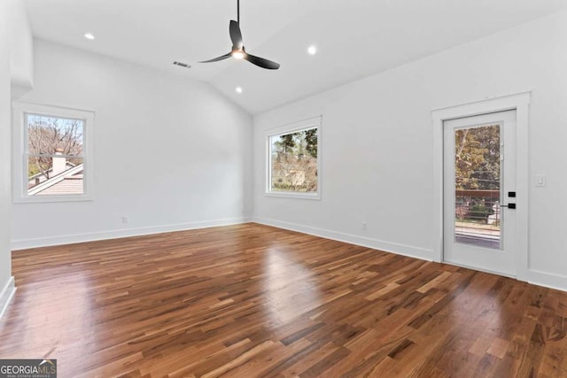 387 S Howard St SE, Atlanta, GA 30317 - empty room with plenty of natural light, wood finished floors, ceiling fan, lofted ceiling, and recessed lighting