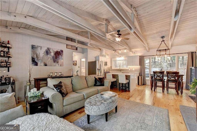 living area with lofted ceiling with beams, wooden ceiling, light wood-style floors, and ceiling fan