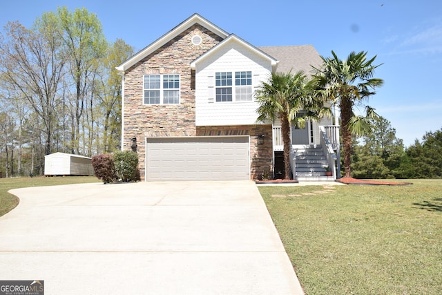 view of front facade with concrete driveway, a front lawn, stone siding, and an attached garage