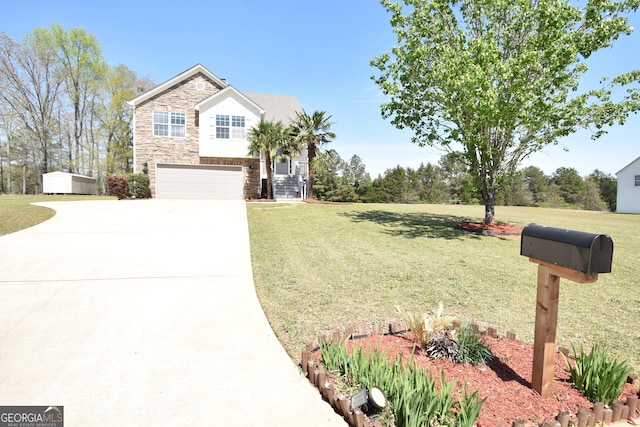view of front of property featuring driveway, a garage, a front lawn, and stone siding