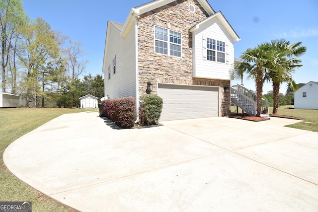 view of property exterior featuring driveway, stone siding, stairs, and a garage
