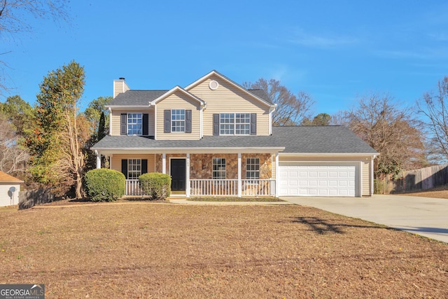 4785 Beaver Rd, Loganville, GA 30052 - view of front facade featuring driveway, a chimney, a garage, a front lawn, and a porch