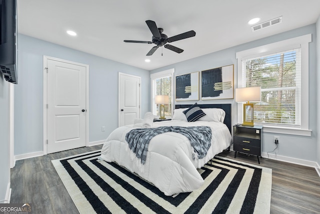 2535 Judson Ave, East Point, GA 30344 - bedroom featuring wood finished floors, visible vents, baseboards, ceiling fan, and recessed lighting