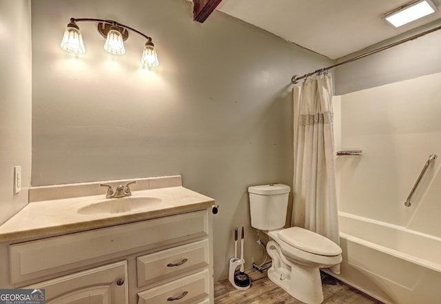 12 John Boy Trl, Newnan, GA 30263 - full bathroom with toilet, shower / bath combination with curtain, vanity, and wood finished floors