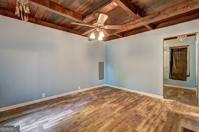 12 John Boy Trl, Newnan, GA 30263 - unfurnished room with wood ceiling with exposed beams, a ceiling fan, wood finished floors, electric panel, and baseboards