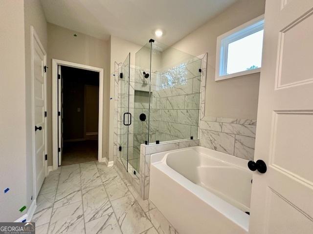 149 Sagebrook Ln Lot 8, Newnan, GA 30263 - full bathroom with a garden tub, marble finish floors, baseboards, a shower stall, and recessed lighting